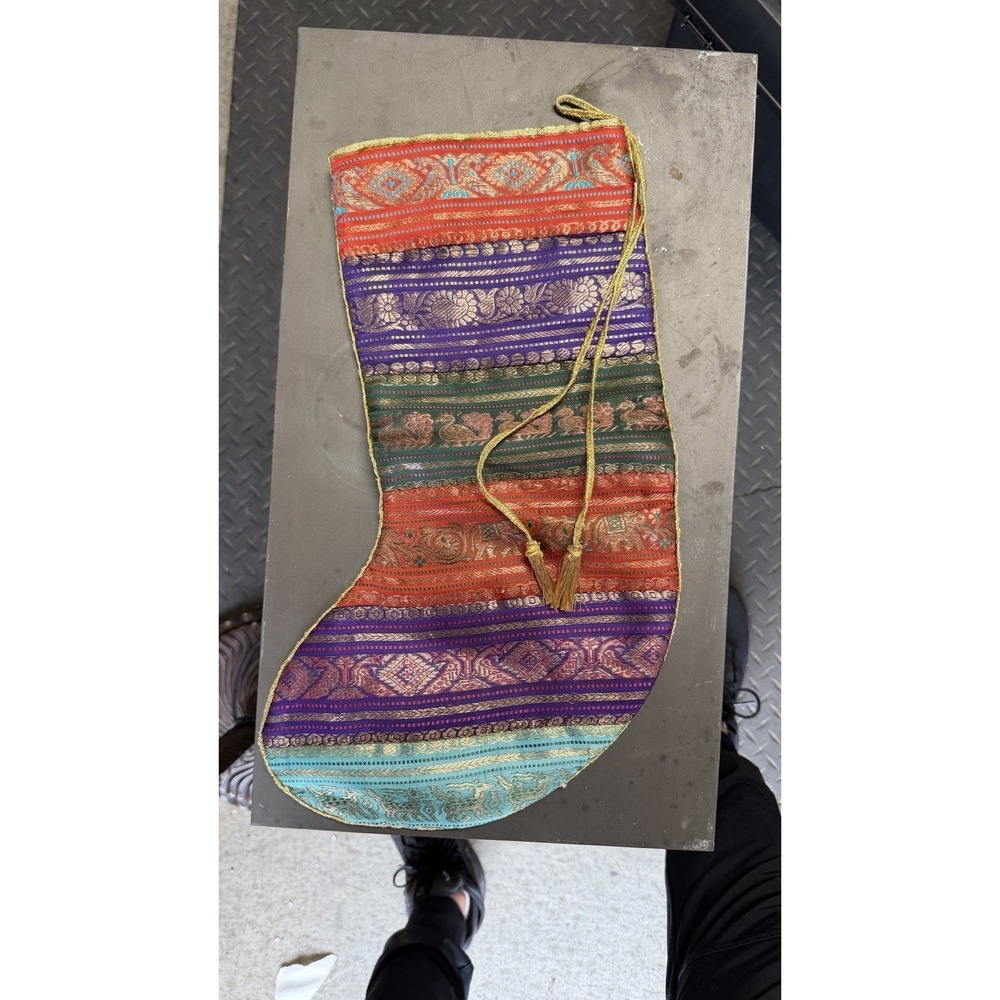 Sudha Silk Christmas Stocking Peacock Woven India Red Lined Holiday Decor
